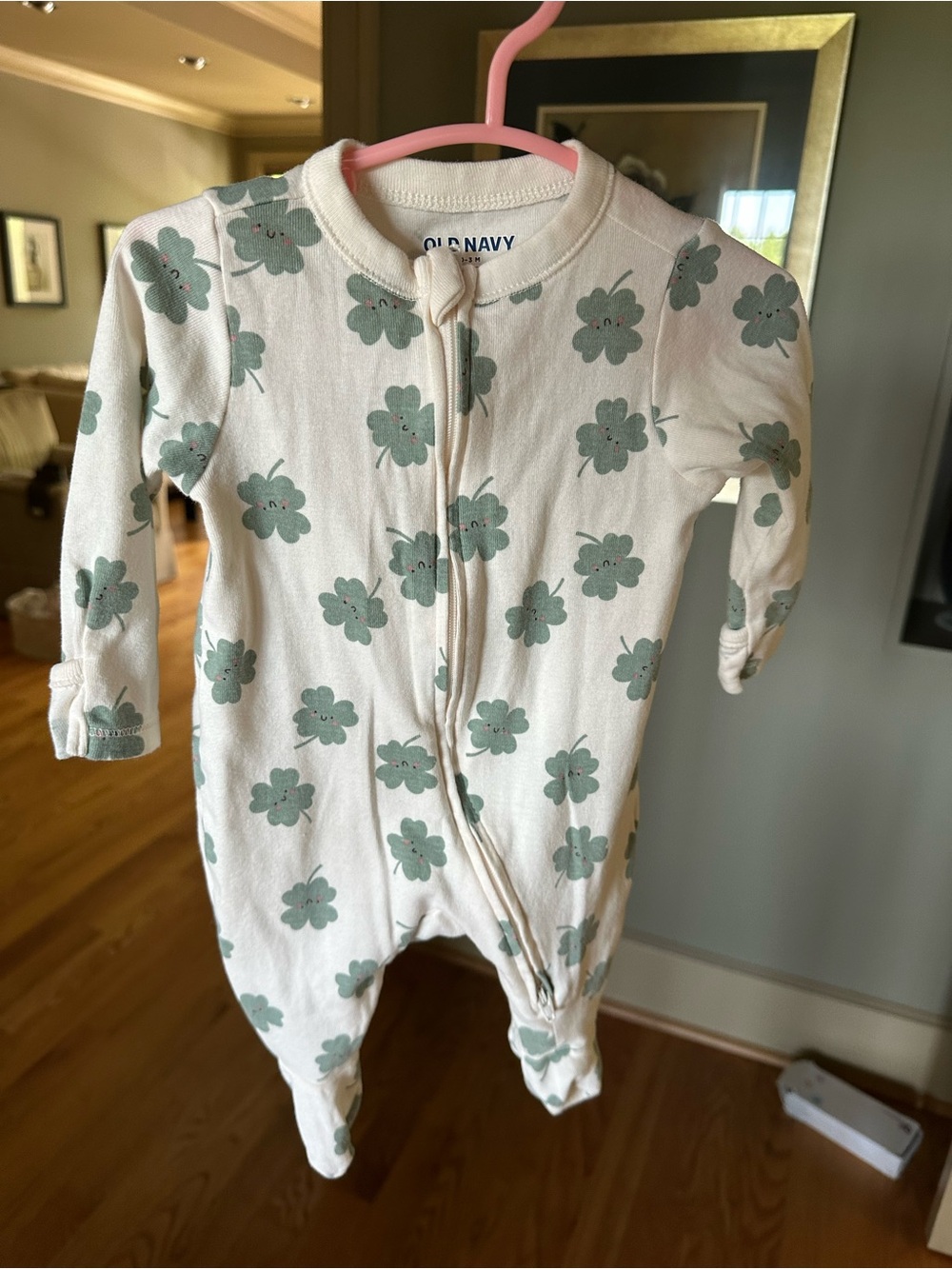 Old Navy Cream Footed One-Piece with Green Floral Print